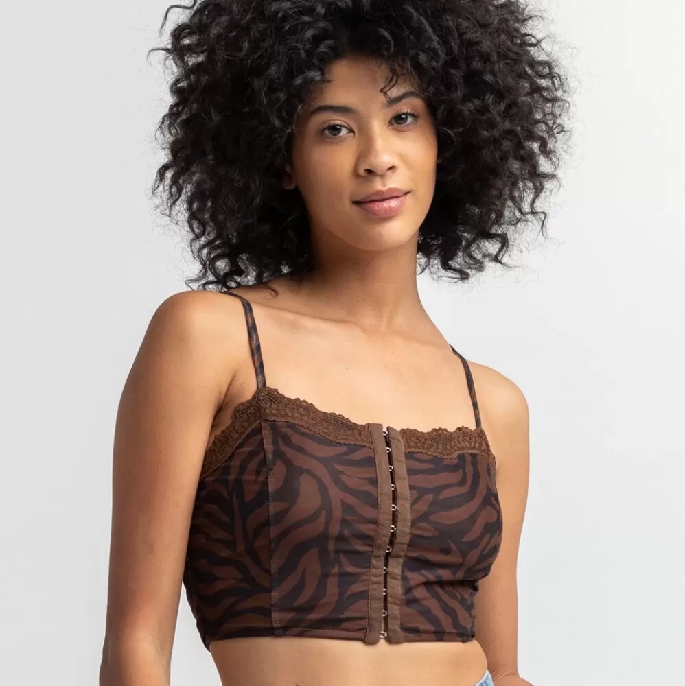Full Tilt Mesh Brown Black Animal Print Crop Bustier Front Clasp Tank Sz S